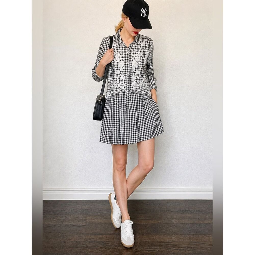Zara Checkered and Floral Embroidery Mini Dress